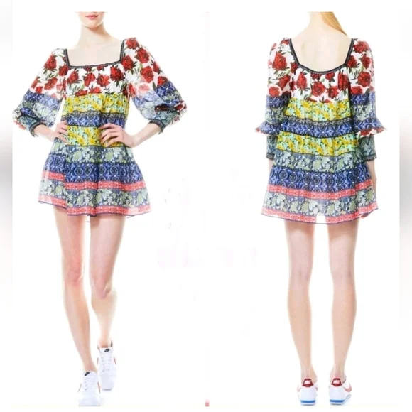 Alice + Olivia Rowen Floral Tiered Square Neck Mini Cocktail Dress Size Medium - Picture 11 of 16